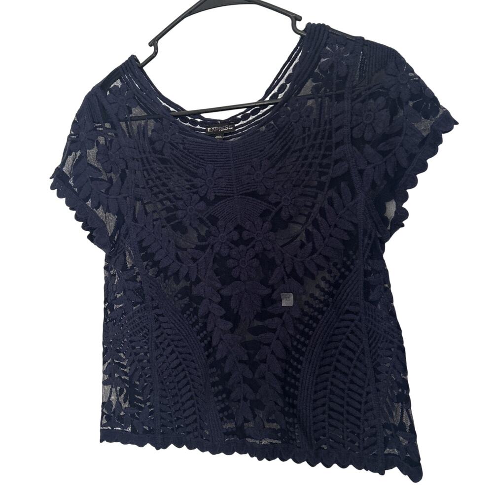 Women's Blue Express Lace Scalloped Shirt Top Cropped Short Sleeve Size XS